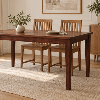 A dark brown wooden dining table with four legs, accompanied by two matching wooden slat-back chairs, set on a textured beige rug in a bright dining room.