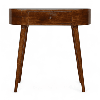  Front view of a round wooden table with tapered legs and a single drawer, finished in chestnut brown.
