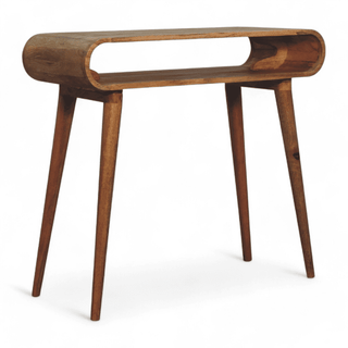 Side view of the console table highlighting the curved edges and seamless construction in solid mango wood. 
