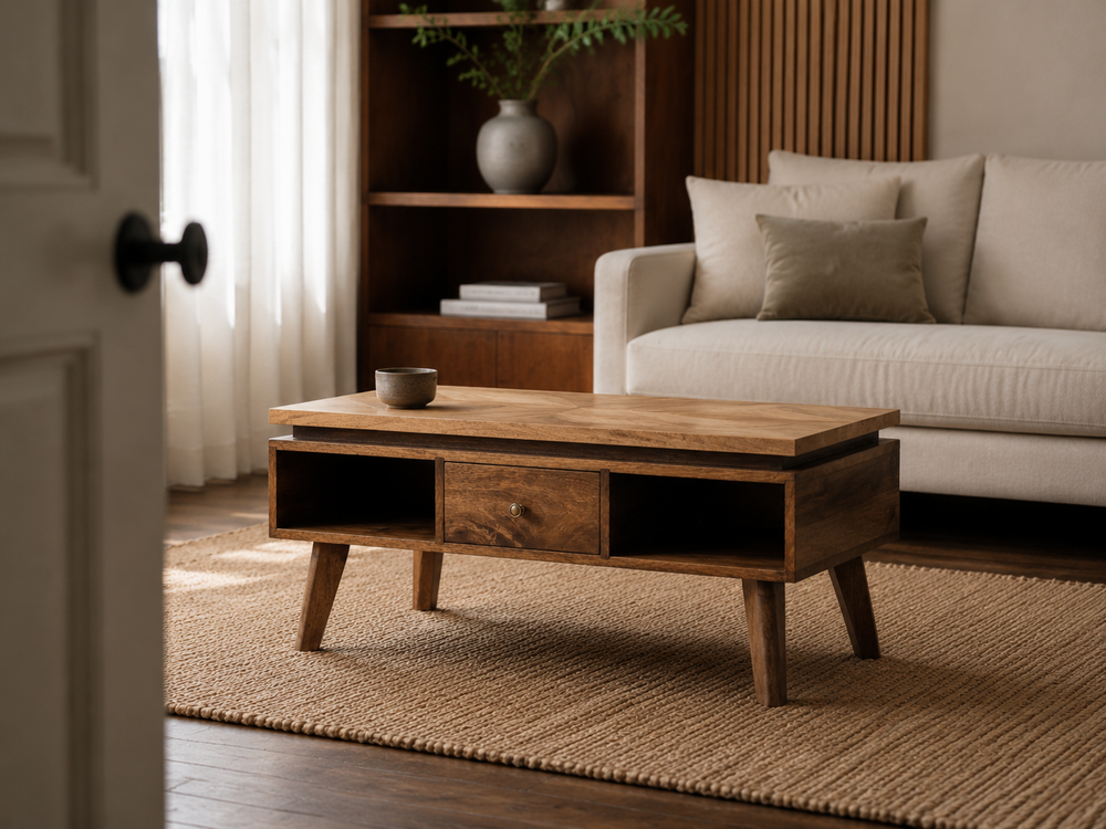Solid wood coffee table with open storage compartments, a central drawer and tapered legs in a warm modern living room.