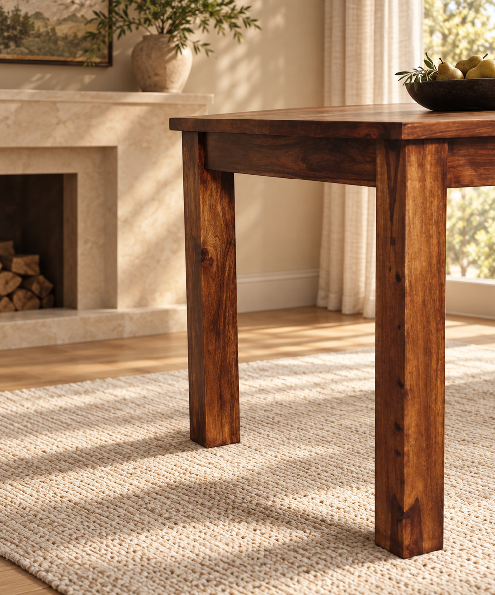 Solid wood dining table with a simple rectangular top and sturdy wooden legs in a warm, sunlit dining area.