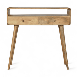 Straight front view of the light oak console table with open storage and drawers.