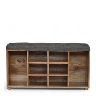 Rustic mango wood shoe storage bench with tufted grey tweed cushioned top and open cubby compartments, front view