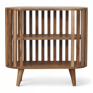 Front view of a vintage wooden cabinet with slatted design, open shelving, and tapered legs, crafted from solid mango wood.