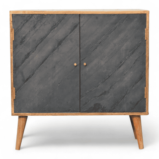 Front view of a wooden cabinet with dark stone-textured doors and natural wood frame, supported by tapered legs.