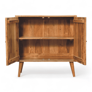 Open front view of the cabinet showing internal storage with two shelves and a natural wood finish.