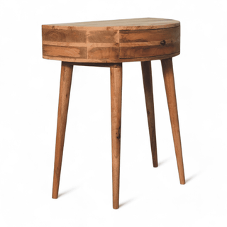 Right-angled view of a light wooden half-moon console table featuring smooth curved edges, a single drawer, and slender tapered legs.
