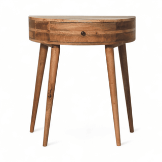 Front view of a light oak wood half-moon console table with a single drawer and tapered legs, showcasing its minimalist and elegant design.