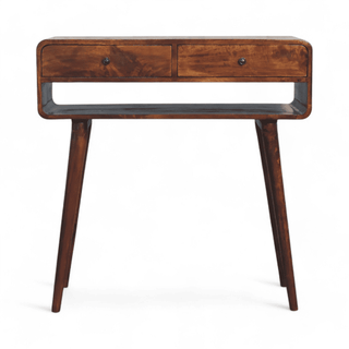 Straight front view of a mid-century modern console table featuring a single drawer, open shelf, and a black frame with dark wood accents.