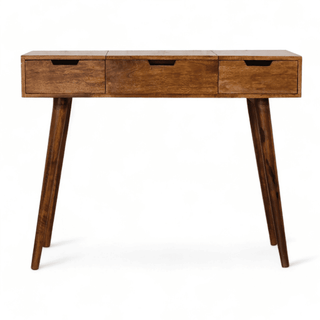 Straight front view of a wooden console table with three drawers, tapered legs, and a natural finish, highlighting its modern yet rustic design.