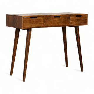 Right-angled view of a wooden console table with smooth edges, three spacious drawers, and sleek tapered legs for a minimalist look. 