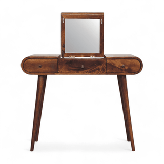 Front view of the vintage dressing table with the folding mirror raised, showcasing the mirrored surface and hidden storage compartments.