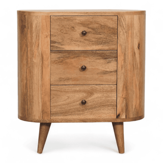 Front view of a vintage oak-finish mini cabinet with three drawers and tapered Nordic-style legs, crafted from solid mango wood.