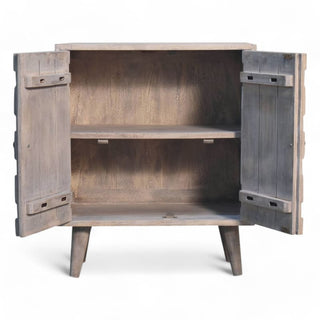 Open cabinet showing a spacious interior with a single adjustable shelf, crafted from light grey wood.