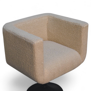 Mid Century Cream Bouclé Swivel Armchair with Black Base