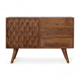 Front view of a vintage mid-century modern sideboard with a geometric carved door and three drawers, crafted from solid mango wood.