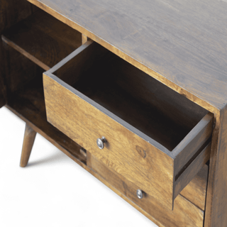 Open drawer view of the vintage sideboard, showing spacious storage and sleek knob details.
