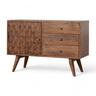 Side angle view of the vintage sideboard emphasizing its textured geometric design and chestnut finish.