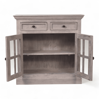 Open front view of the cabinet showing internal shelves and ample storage space with glazed double doors.