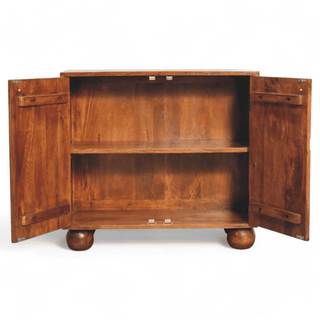 Open door view of the vintage storage cabinet showcasing spacious interior shelving and solid wood craftsmanship.