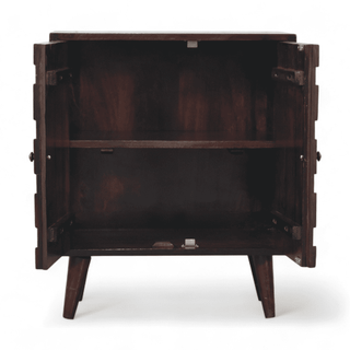 Open cabinet showing spacious interior with a single adjustable shelf, ideal for storage.