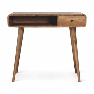 Front view of a vintage mid-century modern writing desk with a solid mango wood construction and sleek minimalist design.