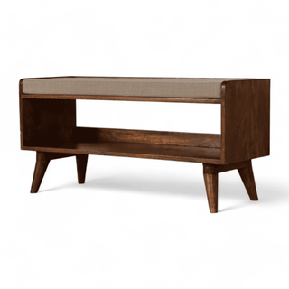 Angled left view of the Vintage Chestnut Bench showcasing its elegant chestnut finish and open storage space.

