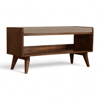 Angled right view of the Vintage Chestnut Bench showcasing its elegant chestnut finish and open storage space. 
