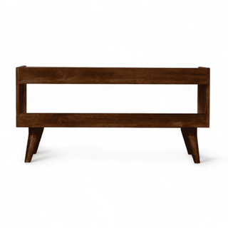 Full back view of the Vintage Chestnut Bench displaying its minimalist design and solid wooden construction.