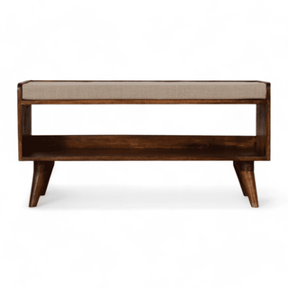 Front view of the Vintage Chestnut Bench with a padded linen top and Nordic-style legs.