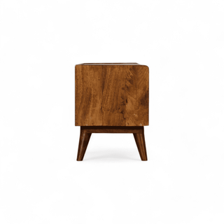 Full side view of the Vintage Chestnut Bench with open storage and Nordic-style legs.