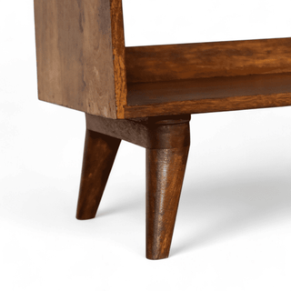 Close-up of the Nordic-style wooden leg on the Vintage Chestnut Bench, showcasing its sturdy construction and smooth finish.

