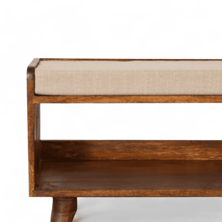 Detailed close-up of the padded linen top on the Vintage Chestnut Bench, highlighting its textured finish. 