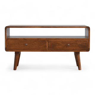 Front view of the Vintage Chestnut Media Console showcasing its smooth chestnut finish and two spacious drawers.