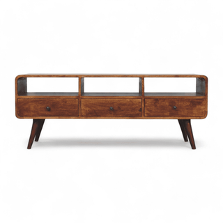 Front view of the Vintage Chestnut Media Console, featuring three open slots and three drawers in a smooth chestnut finish.