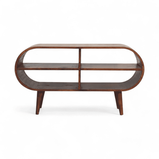 Front view of the Vintage Chestnut Oval Media Unit showcasing its sleek and curved design with open storage shelves.