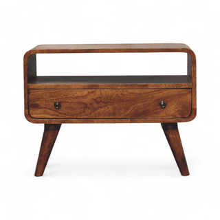 Front view of the Vintage Chestnut Rounded Media Unit showcasing its open slot and drawer design.