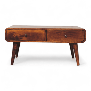 Front view of a vintage-style coffee table with two drawers, tapered legs, and a smooth wooden finish.

