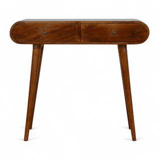 Front view of the vintage console table showcasing its elegant curved design with two storage drawers in a chestnut finish. 