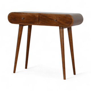 Angled view of the console table highlighting its mid-century modern style and tapered legs.