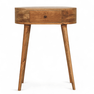 Straight front view of a light wood oval console table with a single drawer and tapered legs, showcasing a minimalist and elegant design. 