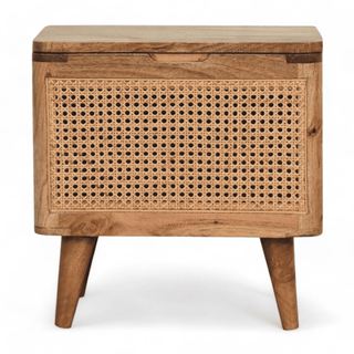 Front view of the Vintage Rattan Wooden Storage Chest showcasing its woven rattan panels and natural wood finish.