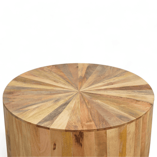 Top view of a vintage round coffee table featuring a striking sunburst wood pattern made from solid mango wood.