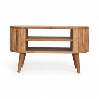 Front view of the Vintage Rounded Media Unit showcasing two open shelves and rounded edges in oak finish.
