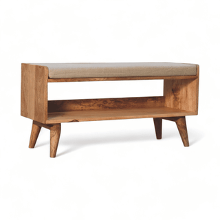 Angled right view of the Vintage Wooden Bench with Plush Cushion and Open Shelf, highlighting its sturdy wooden legs and open shelf design.