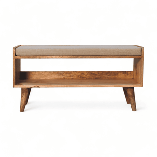 Front view of the Vintage Wooden Bench with Plush Cushion and Open Shelf, showcasing its natural wood finish and cushioned seat.
