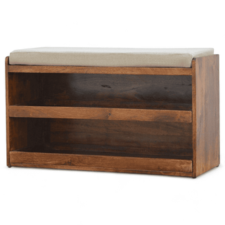 Angled front-left view of the Vintage Wooden Shoe Storage Bench highlighting the upholstered seat and spacious shelves.