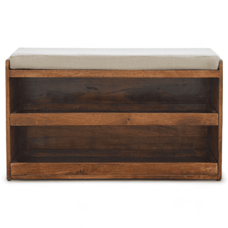 Front view of the Vintage Wooden Shoe Storage Bench with Upholstered Seat showcasing its two open shelves and cushioned top.