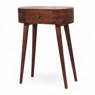 Left angled view of a dark wooden console table, highlighting its tapered legs and smooth, rounded design.