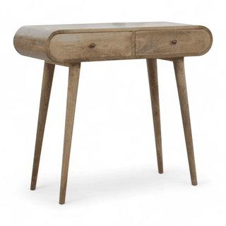 Right-angled view of a console table with smooth curves, two drawers, and a natural wood finish, supported by slim tapered legs.